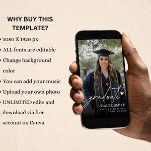 May include: A smartphone displays a graduation template with a photo of a graduate in a cap and gown. Text on the phone reads "graduate," the graduate's name, and "Class of 2026." The phone is held against a beige background with text: "WHY BUY THIS TEMPLATE?"