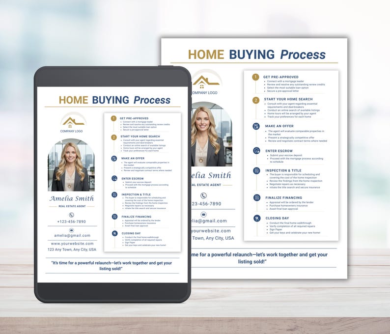 May include: A digital tablet and a printed document showing the "Home Buying Process." The design features a headshot of Amelia Smith, a real estate agent, and a step-by-step guide. The colour scheme is gold and blue.
