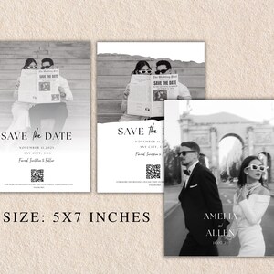 May include: Black and white wedding save-the-date cards. The cards feature photos of a couple, newspaper, and a couple walking. The text on the cards reads "Save the Date", date, and location. The size is 5x7 inches.