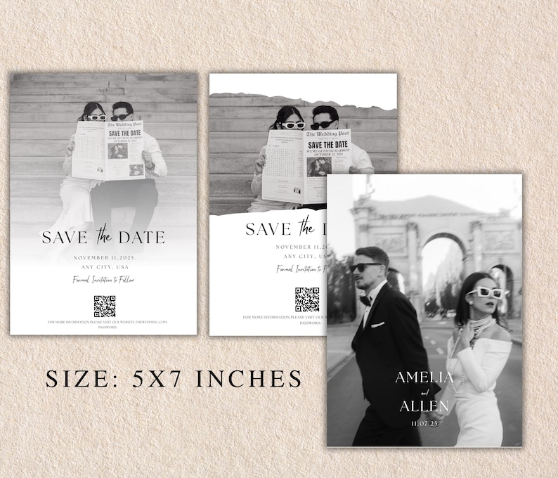 May include: Black and white wedding save-the-date cards. The cards feature photos of a couple, newspaper, and a couple walking. The text on the cards reads "Save the Date", date, and location. The size is 5x7 inches.