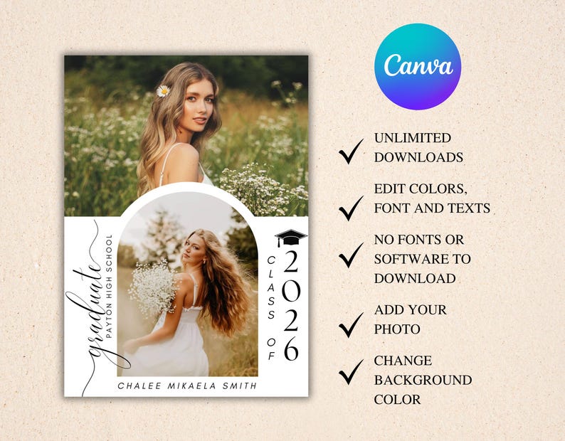 2026 Modern Graduation Announcement Card: DIY Party, Digital Template , Instant Edit & Download image 6
