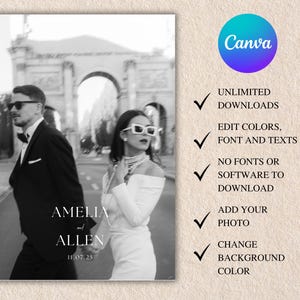 May include: Black and white wedding invitation template featuring a couple walking in front of an arch. The text "AMELIA and ALLEN 11.07.25" is displayed. The Canva logo is in the upper right corner, with text indicating editing options.