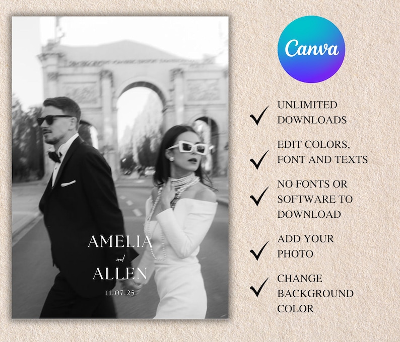 May include: Black and white wedding invitation template featuring a couple walking in front of an arch. The text "AMELIA and ALLEN 11.07.25" is displayed. The Canva logo is in the upper right corner, with text indicating editing options.