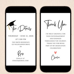 May include: Two smartphone screens displaying graduation-themed digital invitations. The left screen shows event details: date, time, location, and RSVP information. The right screen features a thank you message and a name.