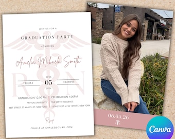 May include: A graduation party invitation with a pink and white design. The invitation includes the text "Join us for a Graduation Party Honoring Amelia Mikaela Smith" and event details. A photo of a smiling woman is on the right.