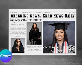 Graduation Newspaper Invitation, Class of 2025 Keepsake (DIY Canva Template)