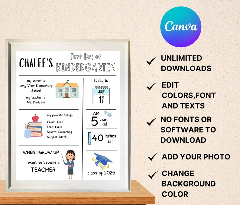 Editable First Day of School Sign Template: Printable Personalized Editable First Day of School Sign Template: Printable Personalized