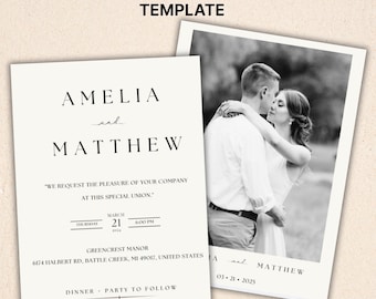 Modern Photo Wedding Invitation Template: Minimalist Design (Digital Download, 5x7in Canva Editable Design)