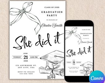Black Bow Graduation Party Invitation: Editable Canva Template (Digital Download)