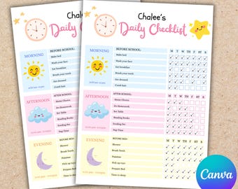 Bearbeitbare tägliche Checkliste für Kinder | Schulplaner | Druckbare PDF | Tagesablauf-Diagramm