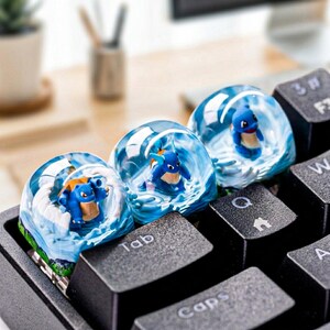 Set di tasti artigianali Blue Turtle Evolution, con creature acquatiche in resina, per Cherry MX, tasti personalizzati a tema oceano realizzati a mano.
