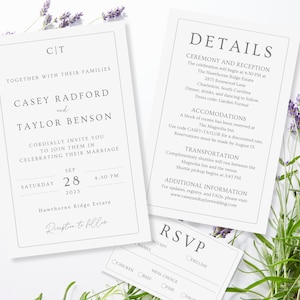 Elegantes Minimalistisches Hochzeitseinladungs-Set. Beinhaltet Einladung, Detailkarte und Antwortkarte. Herunterladbare und bearbeitbare Canva-Vorlage.