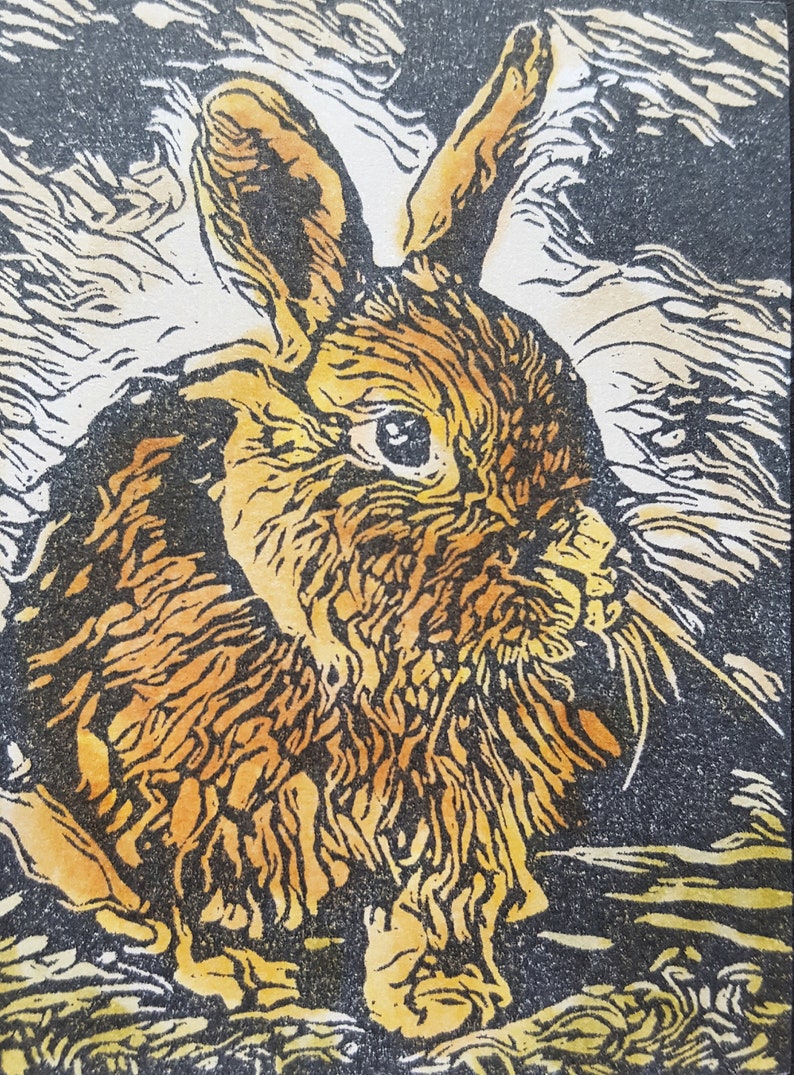 Original Rabbit Linocut Print Miniature Artwork Bookshelf Etsy