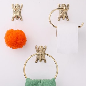 Cintre tigre fait main en laiton de qualité supérieure pour salle de bain en acier inoxydable, lot de 3 | Porte-papier hygiénique | Anneau porte-serviettes | Crochet mural