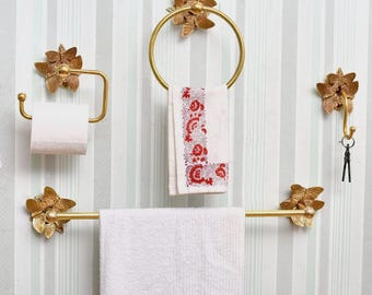 Juego de accesorios de baño con diseño de mariposa de latón y hojas de aluminio, 4 piezas