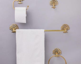Juego de accesorios de baño de latón con diseño de árbol floral, estilo vintage, 4 piezas