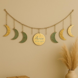 Personalized Brass Moon Phase Garland: Boho Celestial Wall Hanging
