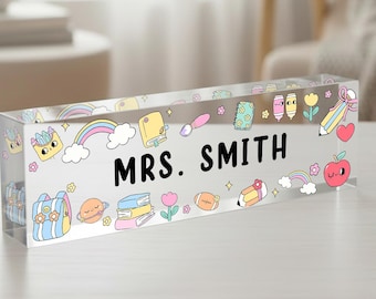 Bloque acrílico personalizado para profesor, decoración con nombre arcoíris a medida, placa floral para escritorio de aula, regalo único para profesor.