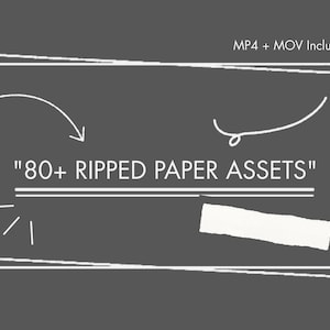 Puede incluir: Gr&aacute;fico gris oscuro con texto blanco y elementos de dise&ntilde;o. El texto dice "80+ RIPPED PAPER ASSETS" dentro de un rect&aacute;ngulo con contorno blanco. El texto adicional en la parte superior dice "MP4 + MOV Included".