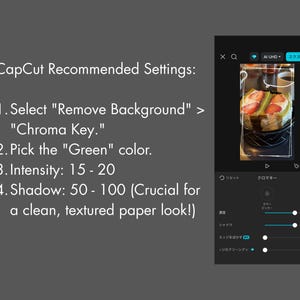 Puede incluir: Captura de pantalla de la aplicaci&oacute;n CapCut con configuraciones recomendadas para eliminar el fondo. Las instrucciones incluyen seleccionar "Eliminar fondo", elegir el color verde y ajustar la intensidad y la sombra.