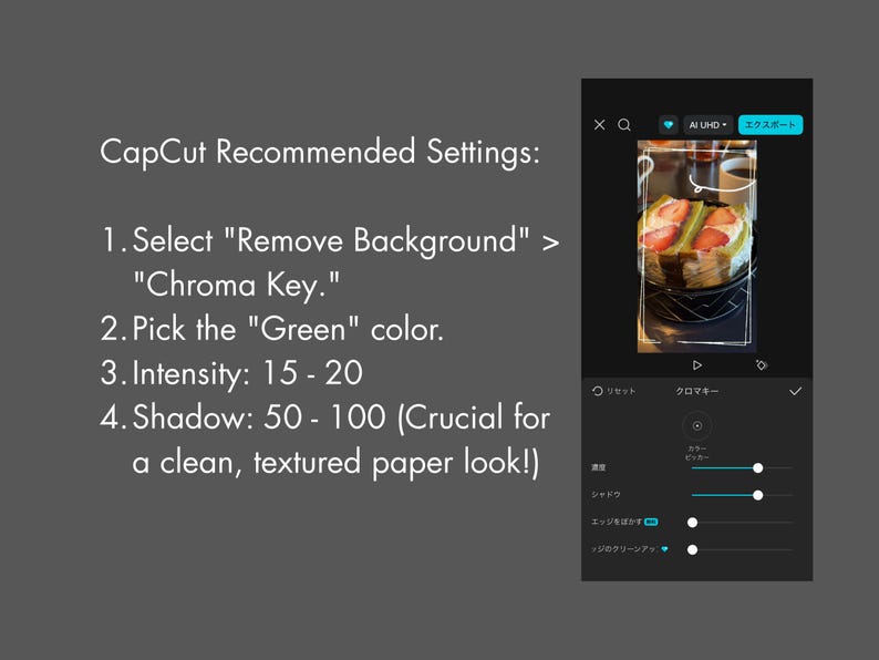 Puede incluir: Captura de pantalla de la aplicaci&oacute;n CapCut con configuraciones recomendadas para eliminar el fondo. Las instrucciones incluyen seleccionar "Eliminar fondo", elegir el color verde y ajustar la intensidad y la sombra.