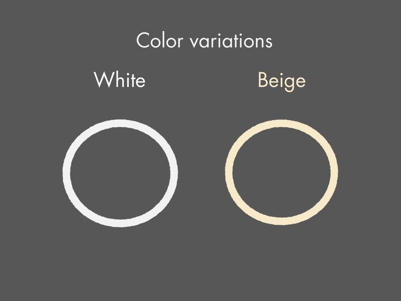Puede incluir: Imagen que muestra variaciones de color de un producto. El texto dice "Variaciones de color" encima de dos c&iacute;rculos. Un c&iacute;rculo es blanco, etiquetado como "Blanco", y el otro es beige, etiquetado como "Beige". El fondo es gris oscuro.