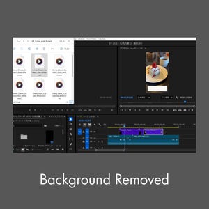 Puede incluir: Una pantalla de ordenador que muestra un software de edici&oacute;n de v&iacute;deo con una interfaz oscura. La pantalla muestra una l&iacute;nea de tiempo de v&iacute;deo, una ventana de vista previa con una imagen de postre y varios iconos de archivo. El texto "Background Removed" est&aacute; en la parte inferior.