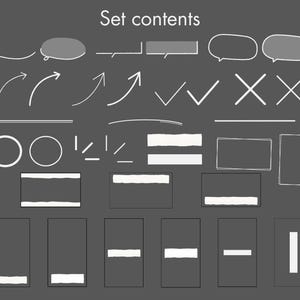 Puede incluir: Colecci&oacute;n de elementos gr&aacute;ficos blancos dibujados a mano sobre un fondo gris oscuro. El conjunto incluye flechas, bocadillos, marcas de verificaci&oacute;n, cruces, c&iacute;rculos, l&iacute;neas y formas rectangulares con efecto de papel rasgado. El texto en la parte superior dice "Set contents."