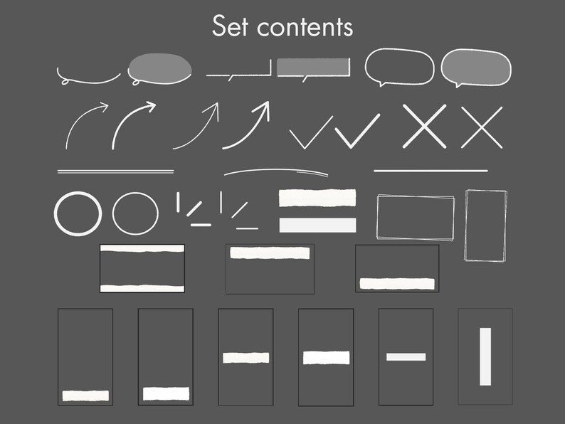 Puede incluir: Colecci&oacute;n de elementos gr&aacute;ficos blancos dibujados a mano sobre un fondo gris oscuro. El conjunto incluye flechas, bocadillos, marcas de verificaci&oacute;n, cruces, c&iacute;rculos, l&iacute;neas y formas rectangulares con efecto de papel rasgado. El texto en la parte superior dice "Set contents."