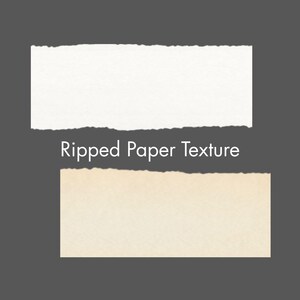 Puede incluir: Dos trozos rectangulares de papel con bordes rasgados se muestran sobre un fondo gris. La pieza superior es blanca y la pieza inferior es de color beige claro. El texto "Ripped Paper Texture" est&aacute; centrado entre las dos piezas.