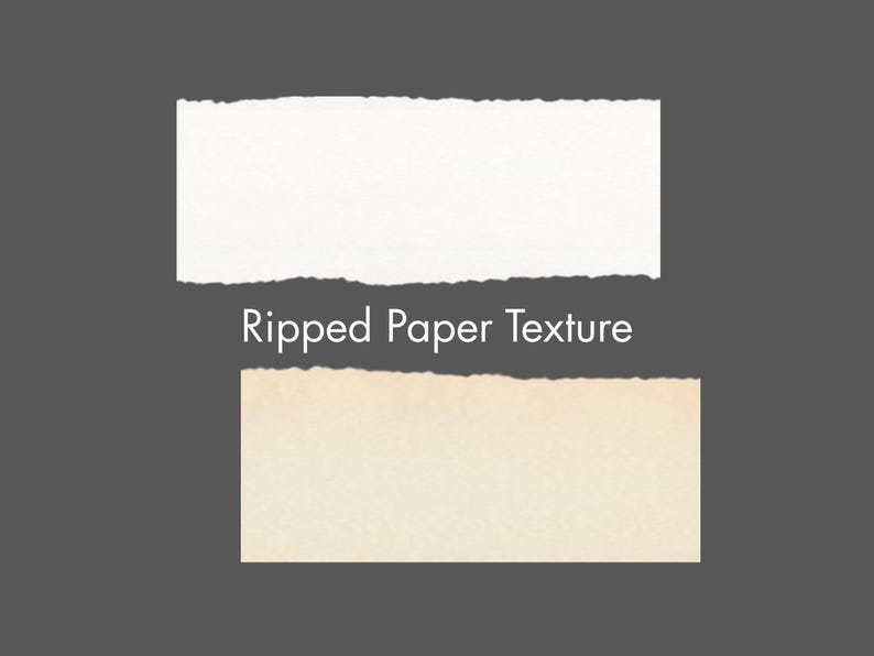 Puede incluir: Dos trozos rectangulares de papel con bordes rasgados se muestran sobre un fondo gris. La pieza superior es blanca y la pieza inferior es de color beige claro. El texto "Ripped Paper Texture" est&aacute; centrado entre las dos piezas.
