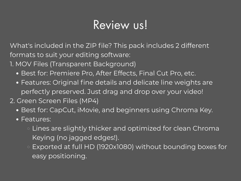Puede incluir: Gr&aacute;fico gris oscuro con texto blanco. El texto dice "Review us!" y describe el contenido de un archivo ZIP, incluidos archivos MOV con fondos transparentes y archivos MP4 de pantalla verde para edici&oacute;n de video.