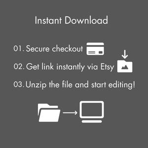Puede incluir: Gr&aacute;fico sobre un fondo gris oscuro con las palabras "Descarga instant&aacute;nea". Las instrucciones incluyen pago seguro, obtener un enlace a trav&eacute;s de Etsy y descomprimir el archivo. Se incluyen iconos de tarjeta de cr&eacute;dito, flecha de descarga y ordenador.