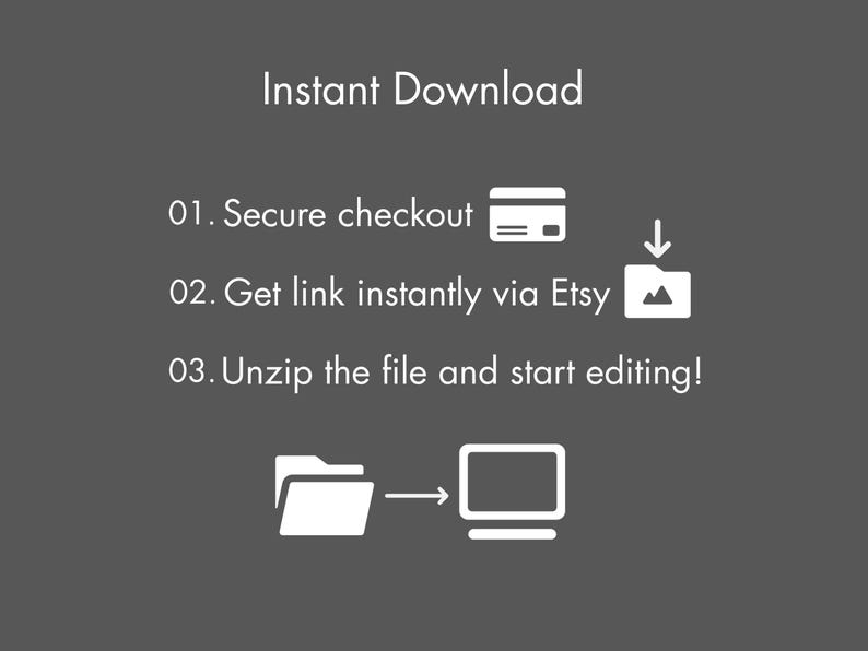 Puede incluir: Gr&aacute;fico sobre un fondo gris oscuro con las palabras "Descarga instant&aacute;nea". Las instrucciones incluyen pago seguro, obtener un enlace a trav&eacute;s de Etsy y descomprimir el archivo. Se incluyen iconos de tarjeta de cr&eacute;dito, flecha de descarga y ordenador.