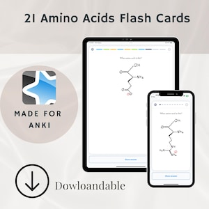 Może przedstawiać: Zestaw cyfrowych fiszek dla 21 aminokwasów, wyświetlany na tablecie i smartfonie. Ekrany pokazują struktury chemiczne z pytaniem "Co to za aminokwas?" i przyciskiem "Pokaż odpowiedź". Obraz zawiera tekst "MADE FOR ANKI" i "Do pobrania".