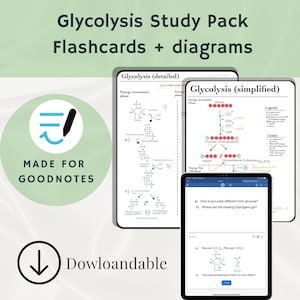 May include: A digital study pack for Glycolysis, featuring flashcards and diagrams. The image shows a tablet and two digital notepads displaying detailed and simplified glycolysis processes. The text includes "Made for Goodnotes" and "Downloadable".