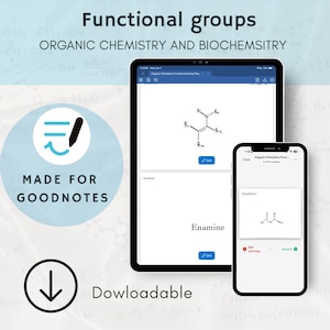 Könnte beinhalten: Ein Tablet und ein Smartphone zeigen Notizen zur organischen Chemie. Das Tablet zeigt eine chemische Struktur mit dem Wort "Enamin" darunter. Das Smartphone zeigt eine andere chemische Struktur. Der Text enthält "Functional groups" und "Organic Chemistry and Biochemistry."
