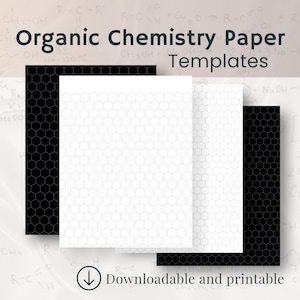 Puede incluir: Cuatro hojas de papel con un patrón de panal, dos en negro y dos en blanco. El texto "Organic Chemistry Paper Templates" está en la parte superior, con "Downloadable and printable" en la parte inferior.
