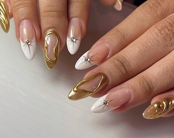 3D Gold Chrome Press On Nails | White French Tip Star Nails with Rhinestones | Celestial Abstract False Nails | Luxury Custom Y2k nails