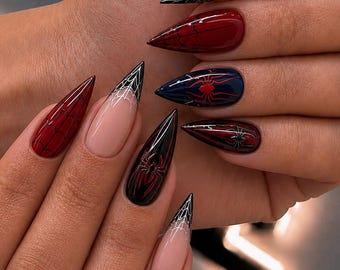 Spider Web Press On Nails | Dark Red Gothic Fake Nails | Comic Hero Aesthetic | Hand Painted Halloween Nails