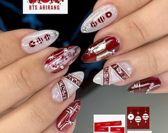 BTS Arirang Kpop Concert Press On Nails, Deep Red White Glitter Fake Nails, Silver Chrome K-pop Fan Custom Nail Art