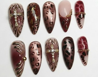 Leopard Print Press On Nails, Burgundy Gothic Nails with Cross Charms, Shiny Metallic Nail Art, 3D Cross Charm Nails, Gothic nails
