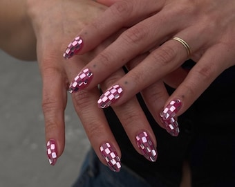 Pink Disco Ball Press On Nails | Silver Chrome Checkerboard Fake Nails | Y2K Party Festival Custom Almond False Nails Reflective