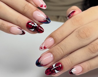 Spider Hero Press On Nails • Red and Blue Comic Book Art • Hand Painted Web Design • Superhero Inspired Fake Nails