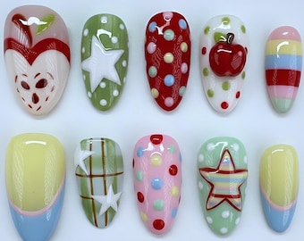 Colorful Pastel Press On Nails Set, Y2K Star Nails, Polka Dot Nail Art, Handmade Press Ons, Fun Cute Nails for Spring Summer