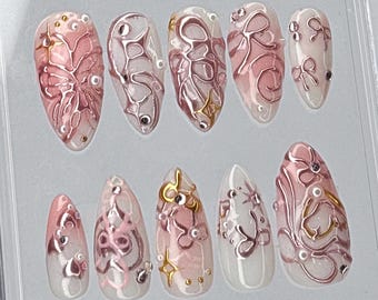 Elegant Pink chrome nails, Butterfly Press On Nails, Handcrafted 3D Nail Art, Valentine Nails, Romantic Heart on Fake Nails