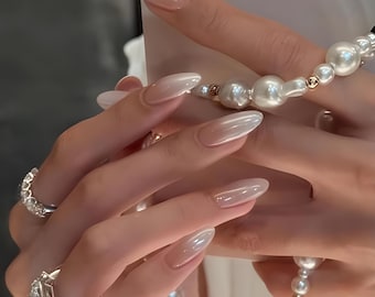 Milky White Nails Ombre with Pearl Donut Glazed Press On Nails,  Hailey Bieber Glazed Donut Nails,  Wedding Nails, Bridal Nails