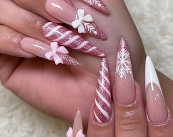 Pink Christmas Press On Nails, Candy Cane Holiday Nail Set with 3D Bows & Snowflake, Sparkly Pink Glitter Holiday Nails, Pink press ons