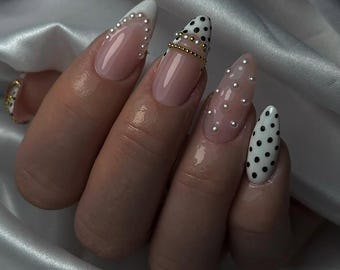 Black and White Polka Dot Press On Nails, 3D Pearl French Tip Fake Nails, Vintage Elegant Almond Nail Art, Custom Reusable Nails