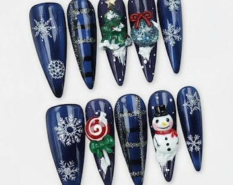 Dark Blue Christmas Press On Nails, Winter Snowflake Nails with 3D Snowman, Christmas Tree, Ornament & Candy Lollipop Charm, Holiday Nails